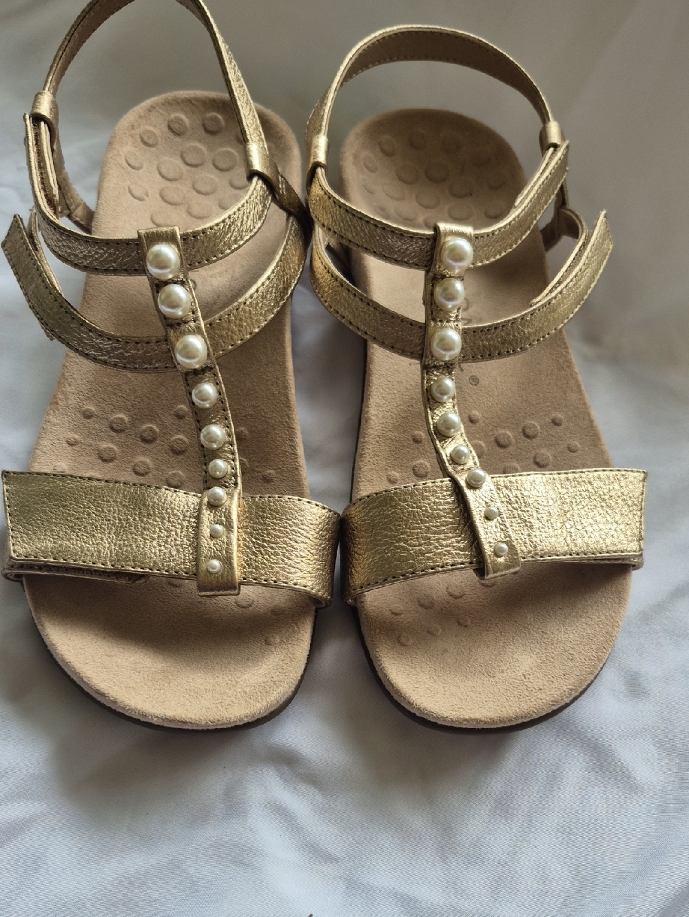 Vionic Gold Pearl-Embellished T-Strap Sandals